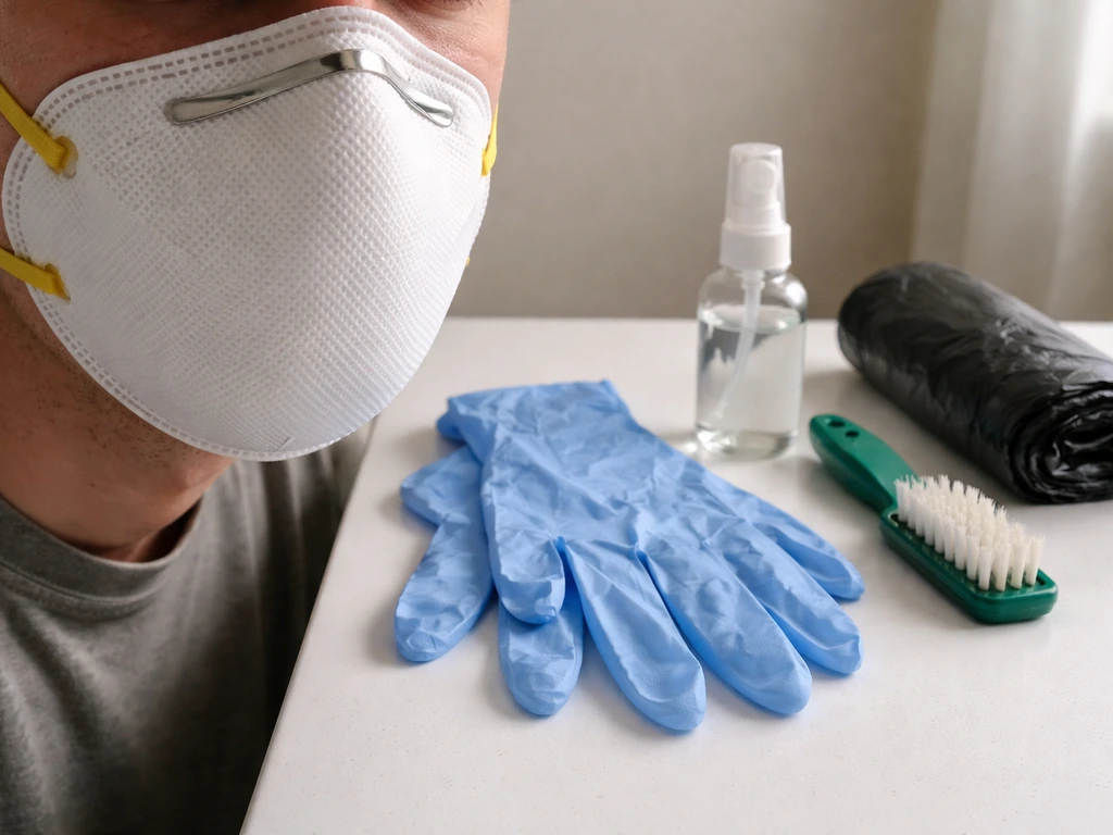 Anonymous person wearing a properly fitted N95, with gloves and bird-cleaning tools laid nearby