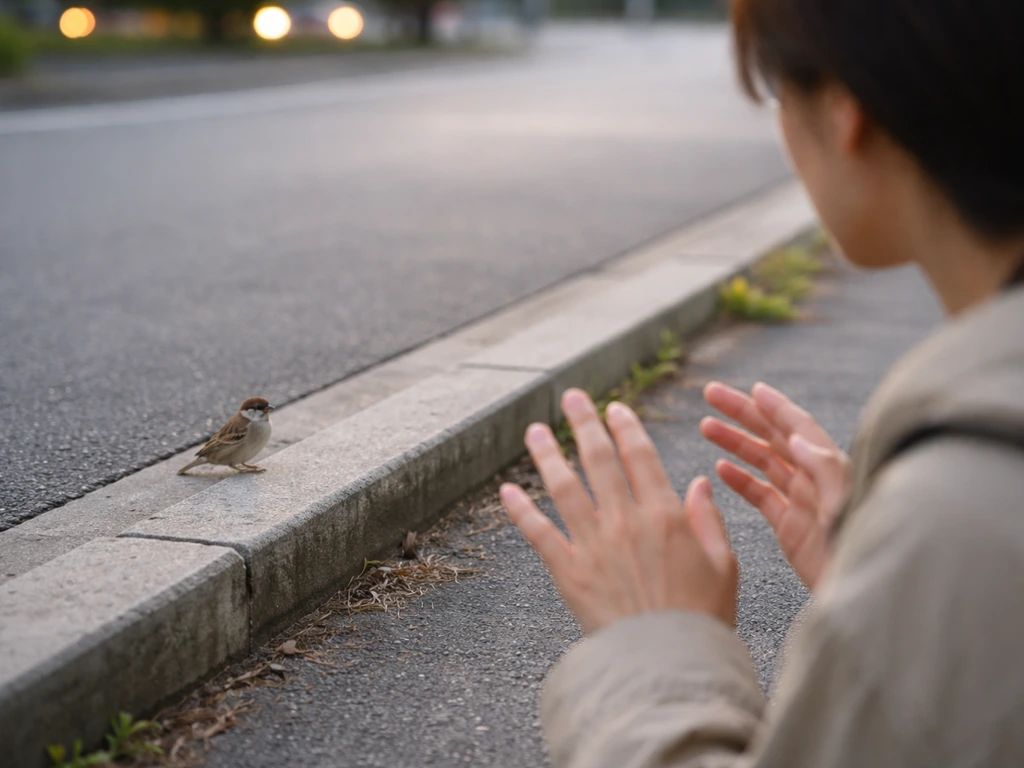 Person keeps distance and checks for hazards while a small bird rests near the street curb.