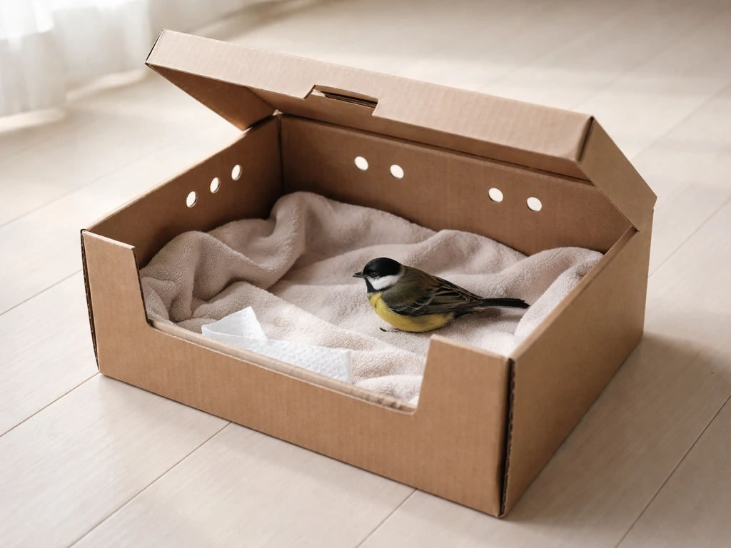 A calm small bird rests inside a lined ventilated cardboard box set on the floor indoors.