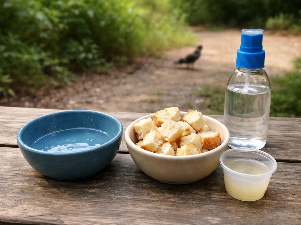 Minimal outdoor still-life showing unsafe bread and household water beside a small bowl of safe water.