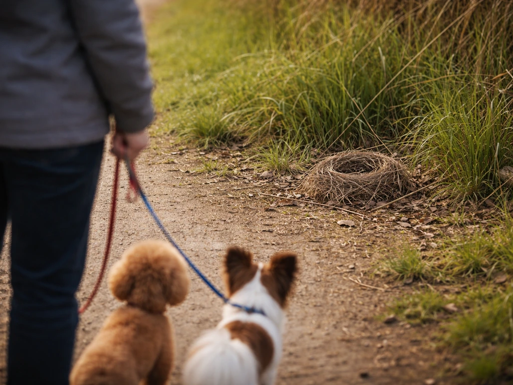 A visible nest on the ground from far away, with a distant adult and leashed pets observing quietly.