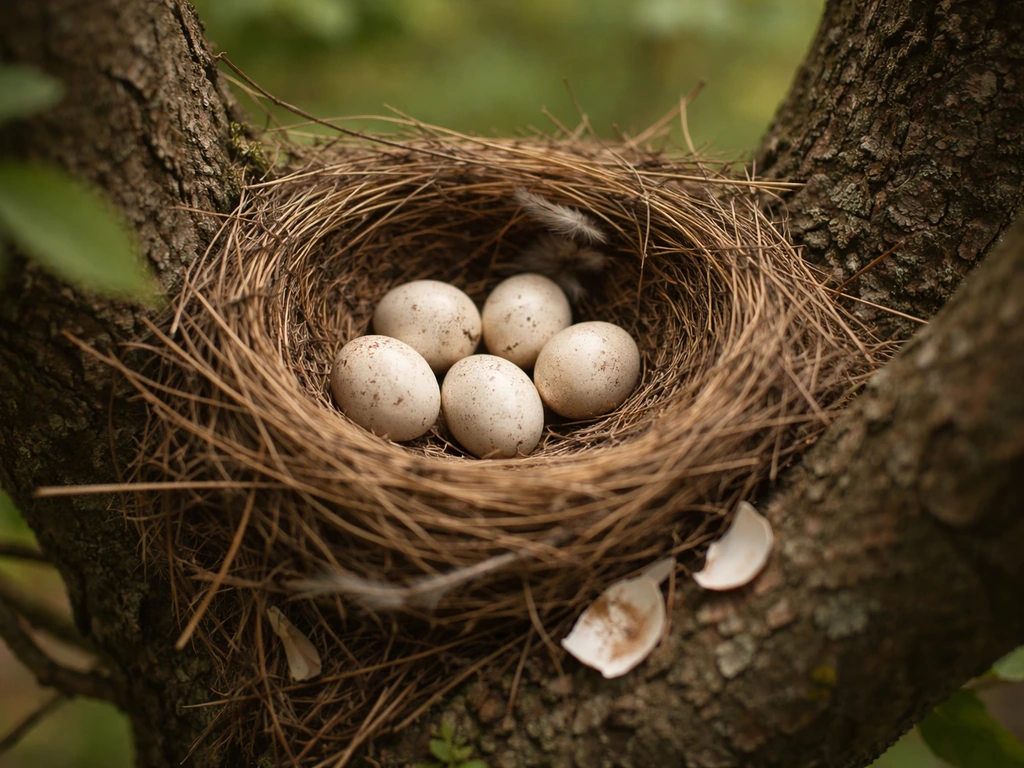 Close-up of a bird nest on a branch with eggs under natural light, viewed carefully without touching.