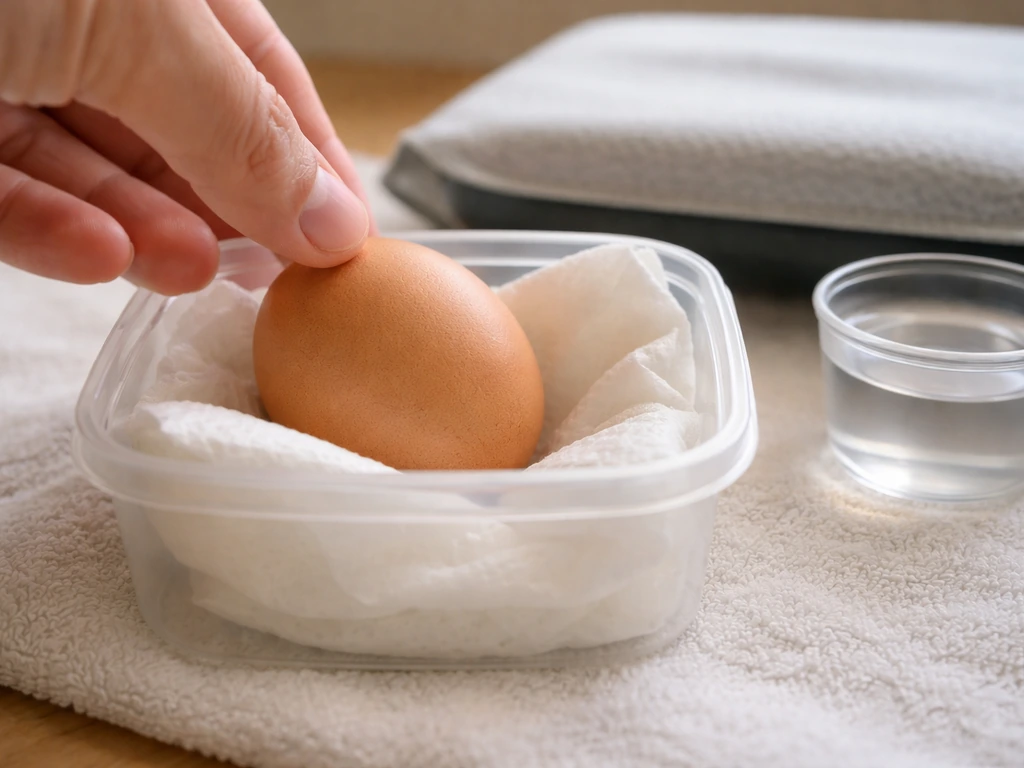 Close-up of an egg gently placed in a small lined container beside controlled warmth and humidity items.