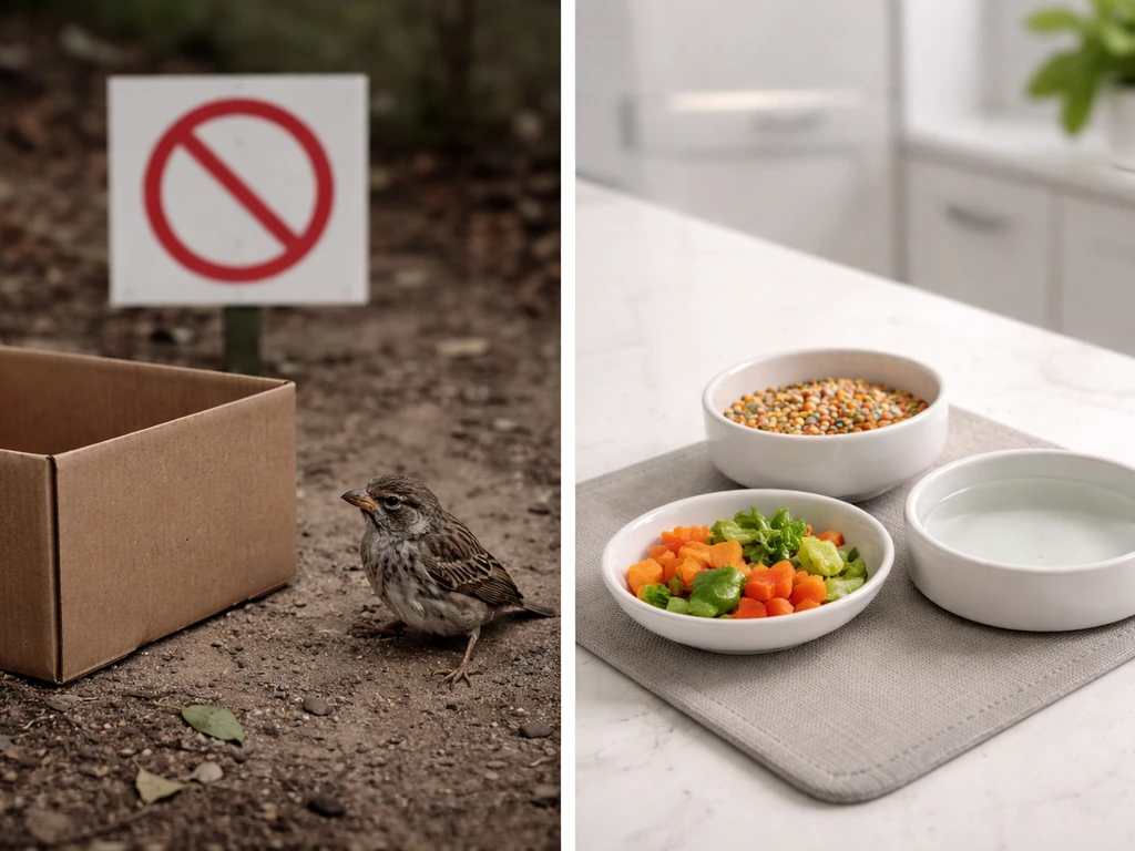 Left shows a found wild bird with a do-not-interact warning; right shows safe pet bird food and water.