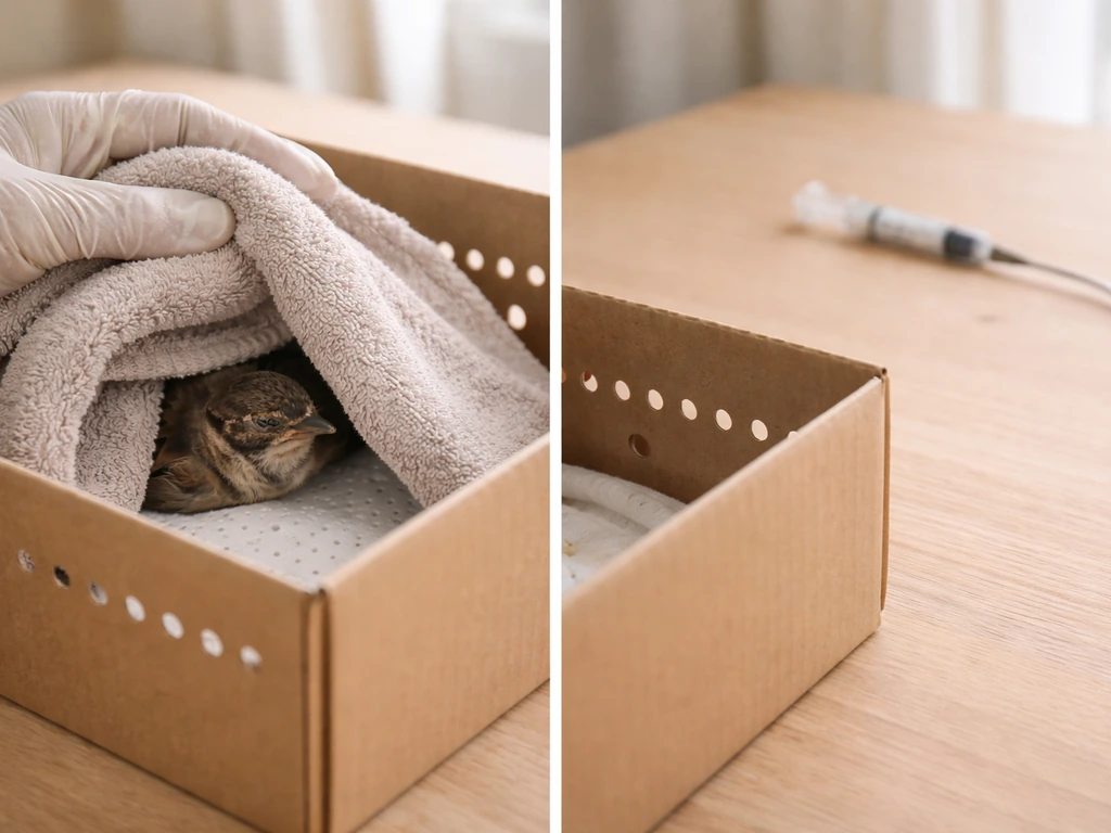 Gloved hand gently towels a wild bird into a ventilated box; nearby, syringes/tools are kept out of reach.