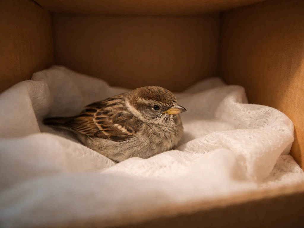 Small grounded bird resting safely inside a warm, dark cardboard box lined with paper.