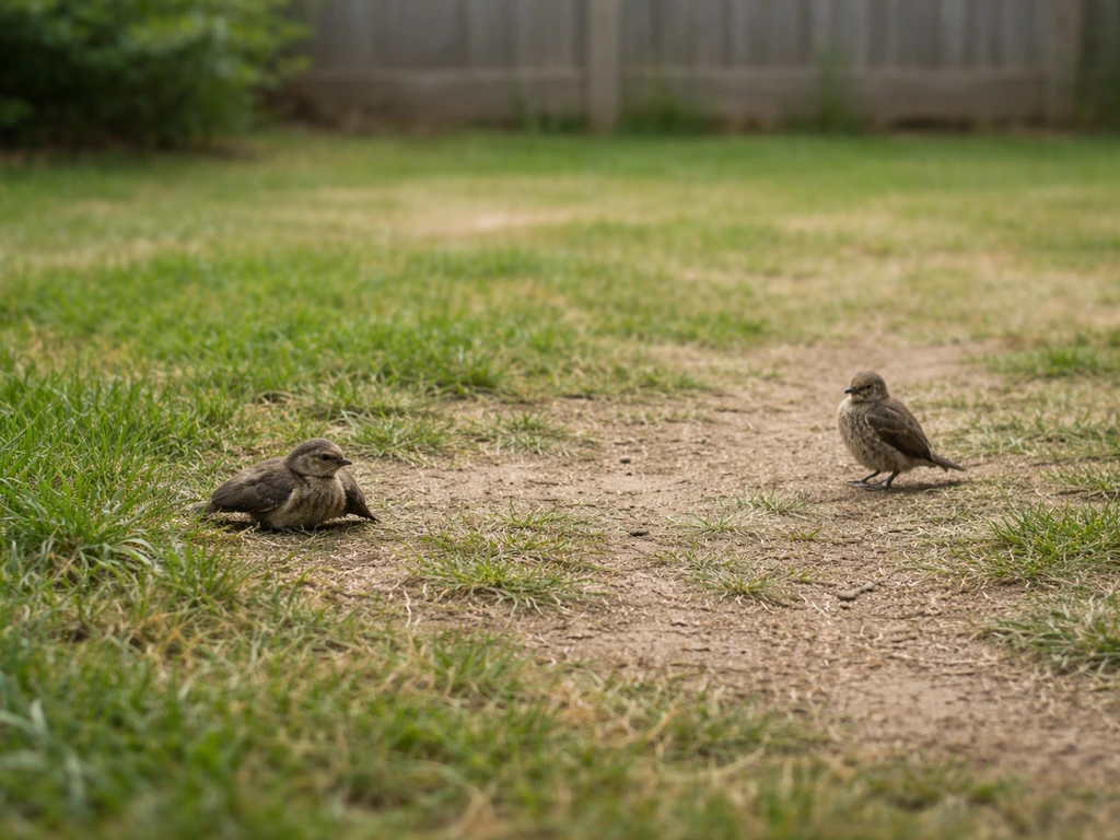 Small fledgling on the ground near an open yard area, with a separate alert ground bird nearby.
