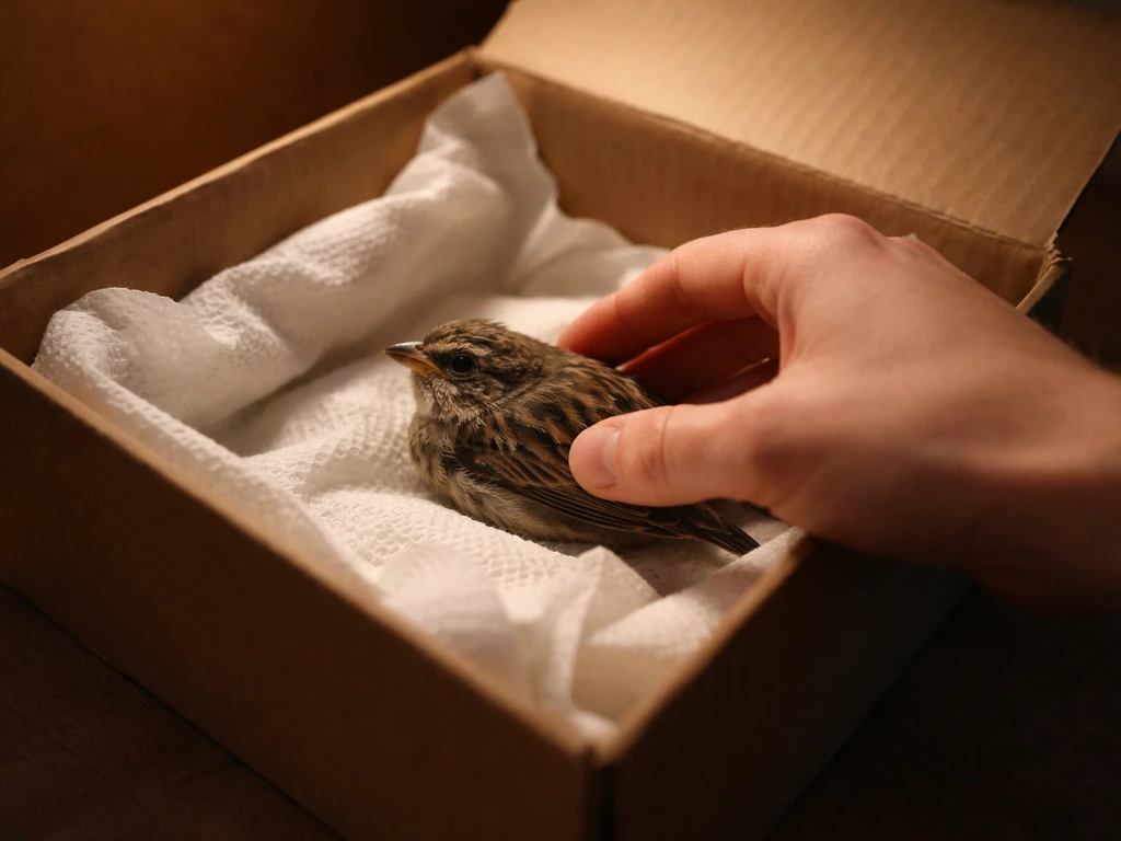 Gently placing a small bird in a cardboard box lined with paper towels, warm and dark