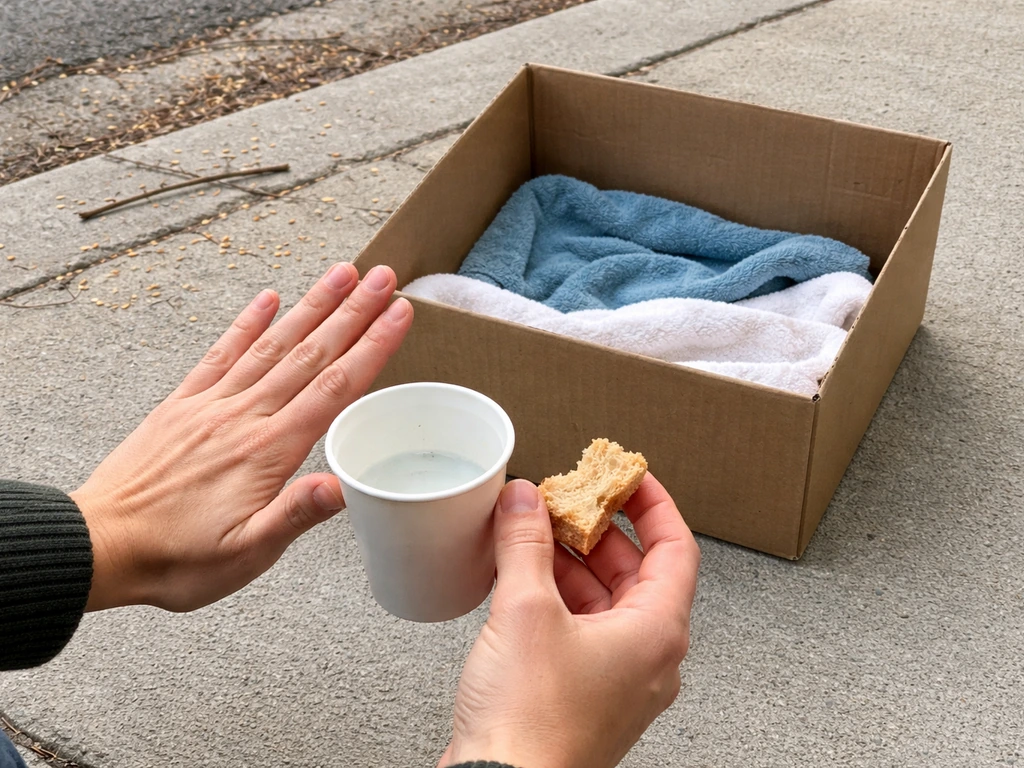 Hands hold bread and water back beside an open rescue box, emphasizing don’t feed or water a wild bird.