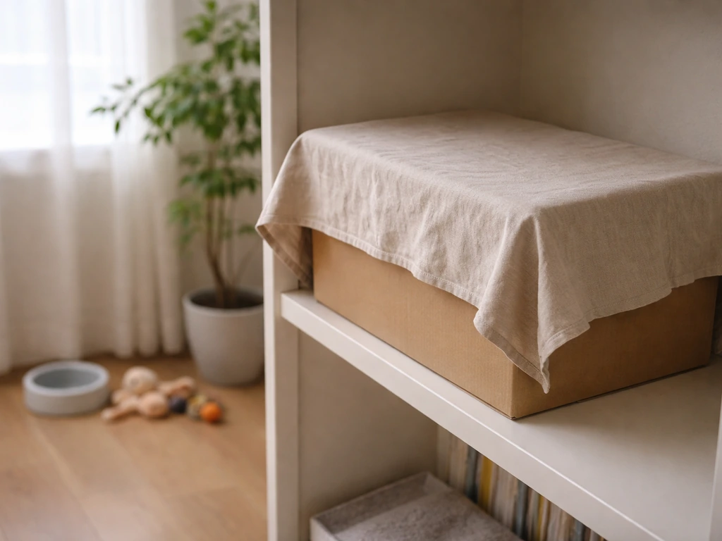 Covered bird box on a high shelf with pet items kept away in a quiet, safe home corner.