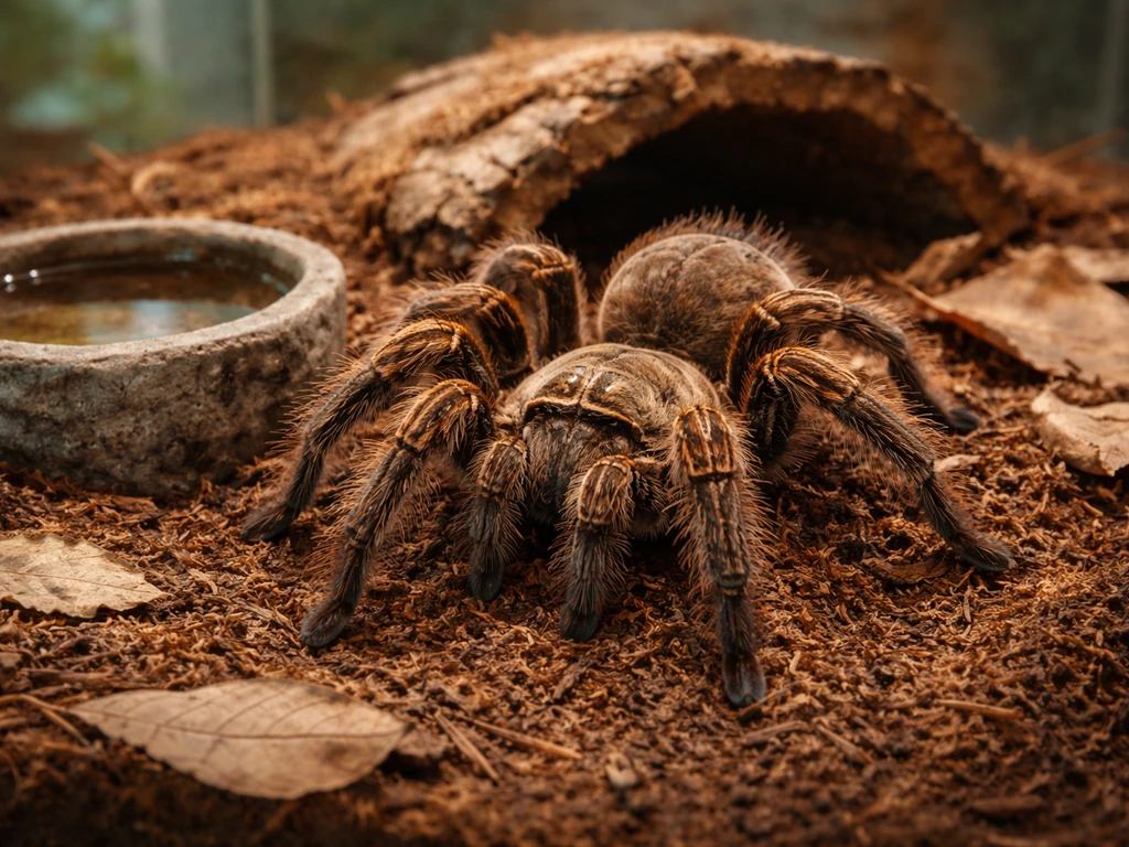 Close-up of a large goliath bird-eating spider on safe substrate inside a terrarium.