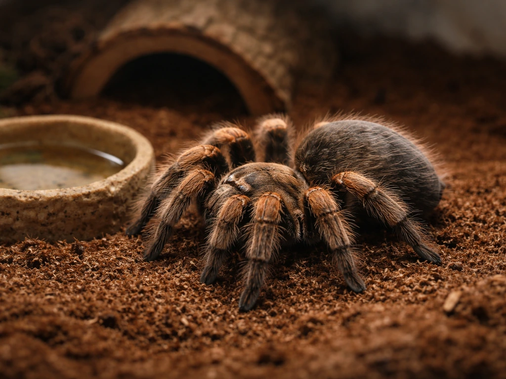 Macro photo of a tarantula in a simple enclosure, highlighting a pre-molt posture and abdomen cues.