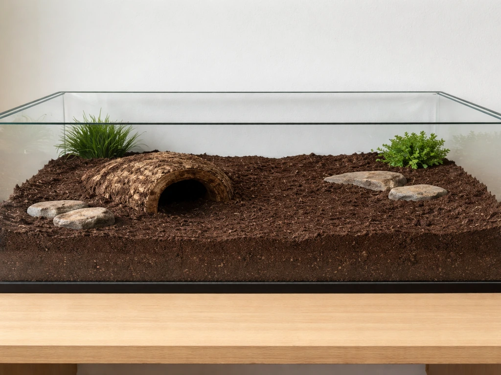 Flat wide terrarium with deep coco coir/peat substrate and a partially buried hide at ground level.