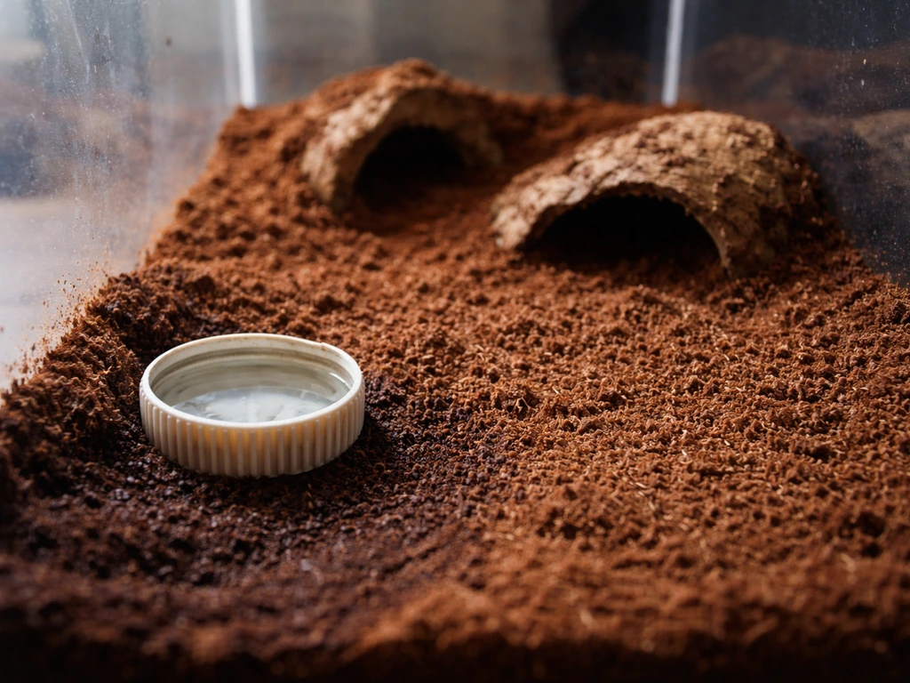 Shallow water dish in a tarantula enclosure with a slightly moist substrate corner for safe hydration.