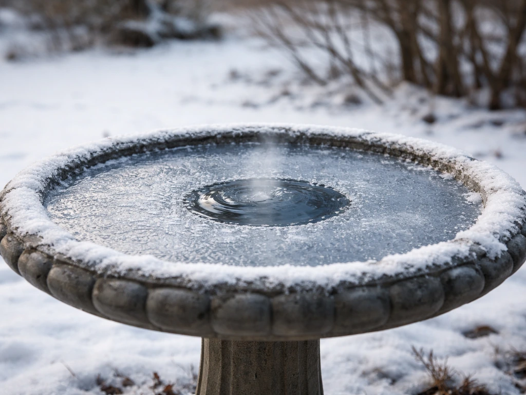Winter backyard bird bath with ice and a small clear drinking area warmed for birds