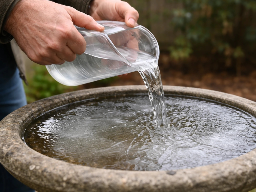 Close-up of hands pouring warm water onto ice on a bird bath, melting the surface quickly.