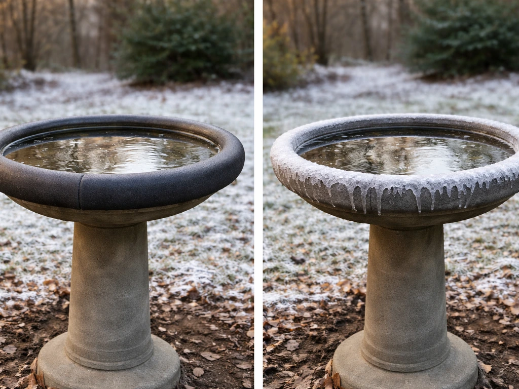 Split view of insulated and uninsulated bird baths, with frost on the uninsulated basin and clear water on the insulated