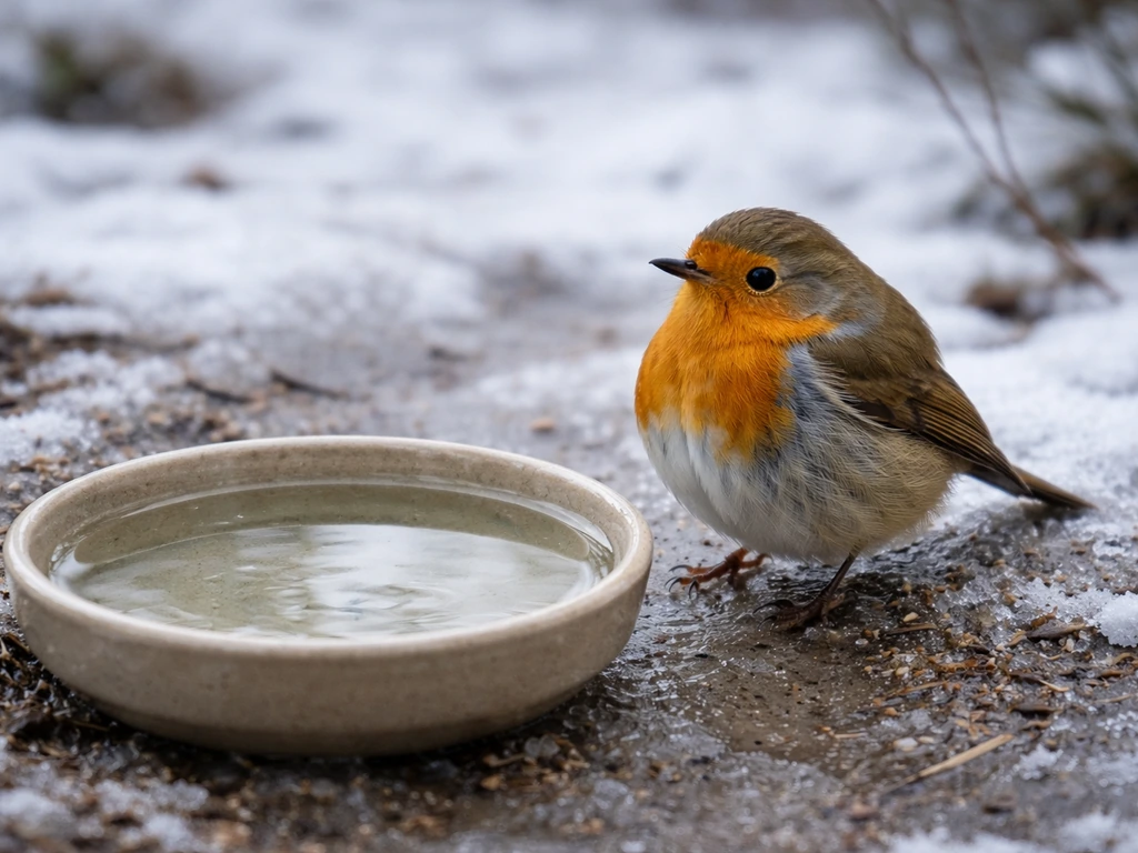 Wild bird perched near a shallow water dish in winter, alert but not visibly unresponsive