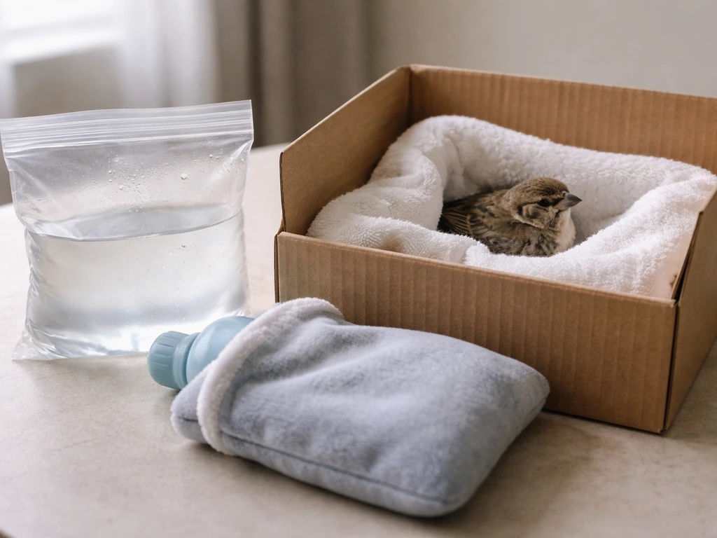 A warm zip-lock bag and wrapped hot water bottle beside a contained bird for gentle comfort care.