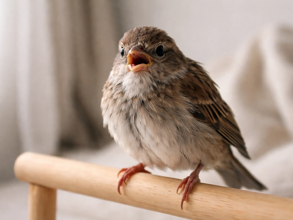 Close-up of a small rescued bird with open-mouth breathing, perched indoors under soft natural light