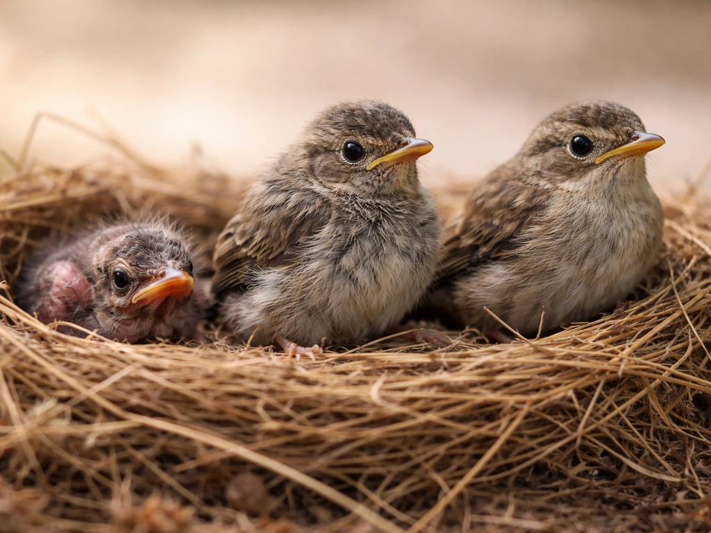 Close-up of three bird development stages in a simple nest: nestling sparse feathers, fledgling mostly feathered, juveni