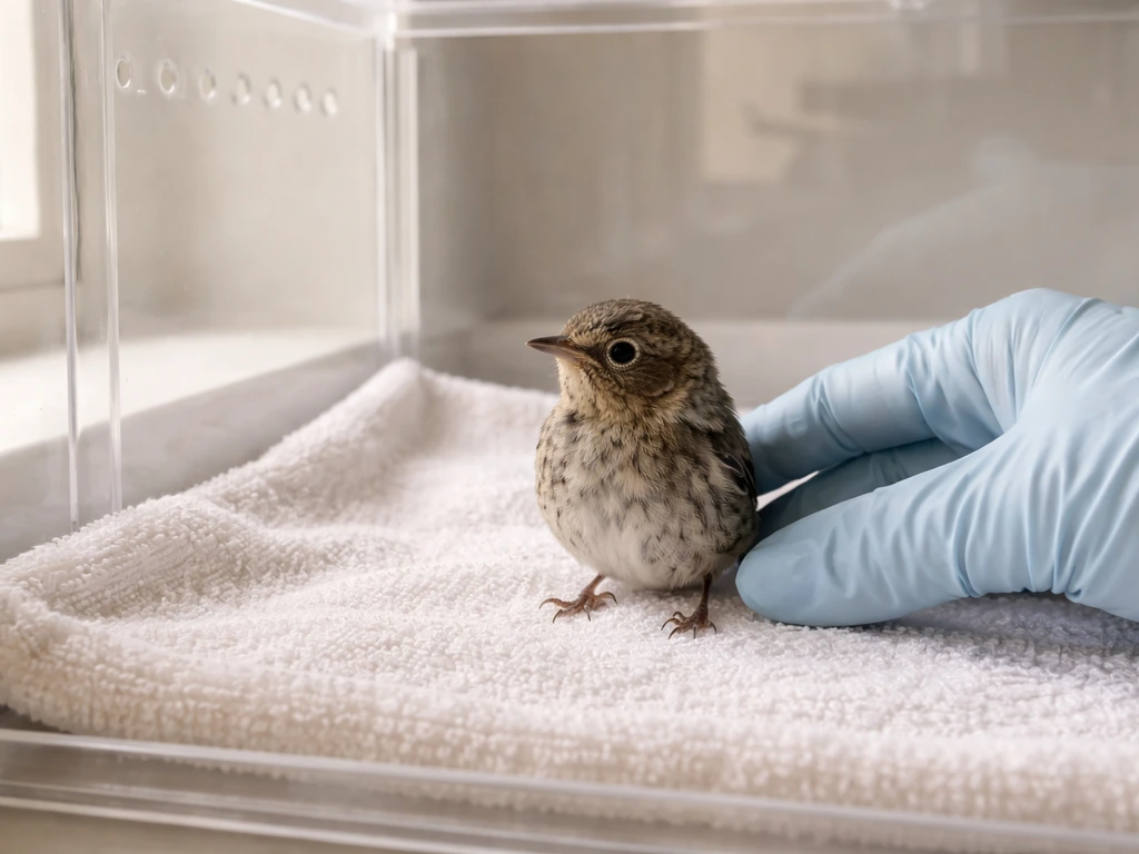 Gloved rehabilitator hand gently guiding a small bird inside a clean holding enclosure
