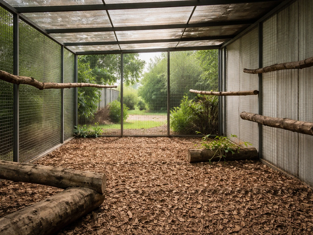 Semi-outdoor aviary with natural perches and open flight space, empty and ready for songbirds before release.
