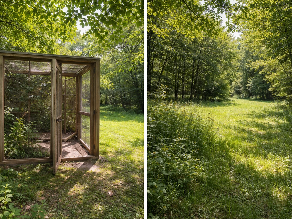 Split scene showing a covered acclimation release area on the left and an open habitat release site on the right.
