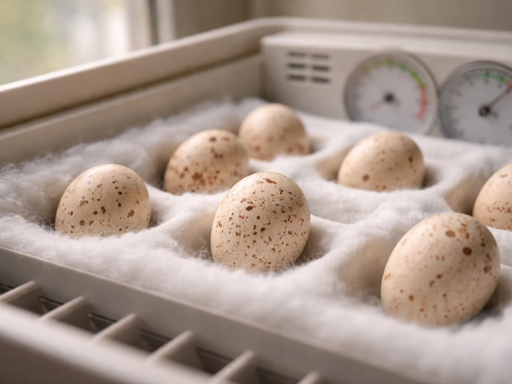 Tiny speckled bird eggs resting in a clean incubator tray with soft bedding and nearby dials.