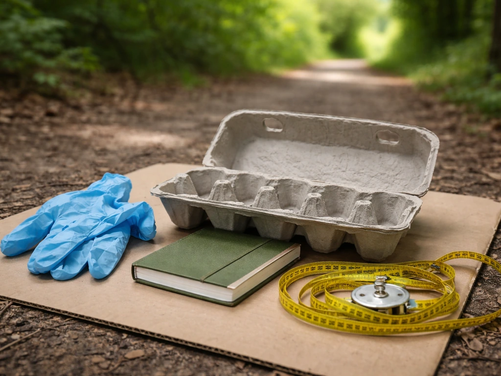 Close-up of an empty egg carton beside gloves and field notebook on a forest path, ready for ethical checks.
