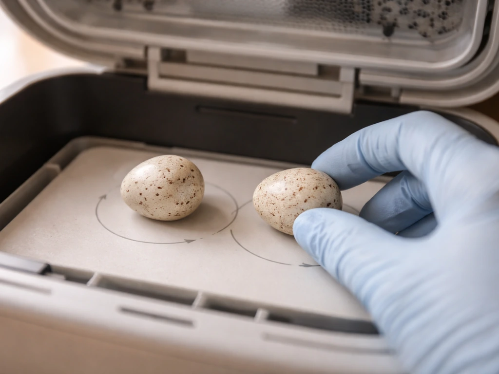 Close-up of small bird eggs on a simple turning card in an open incubator, showing orientation and gentle turning.