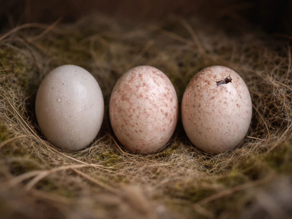 Three small songbird eggs in a grass nest showing increasing readiness, ending with a pipping crack.