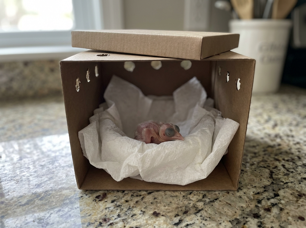 Featherless chick in a ventilated cardboard containment box lined with a nest cup.