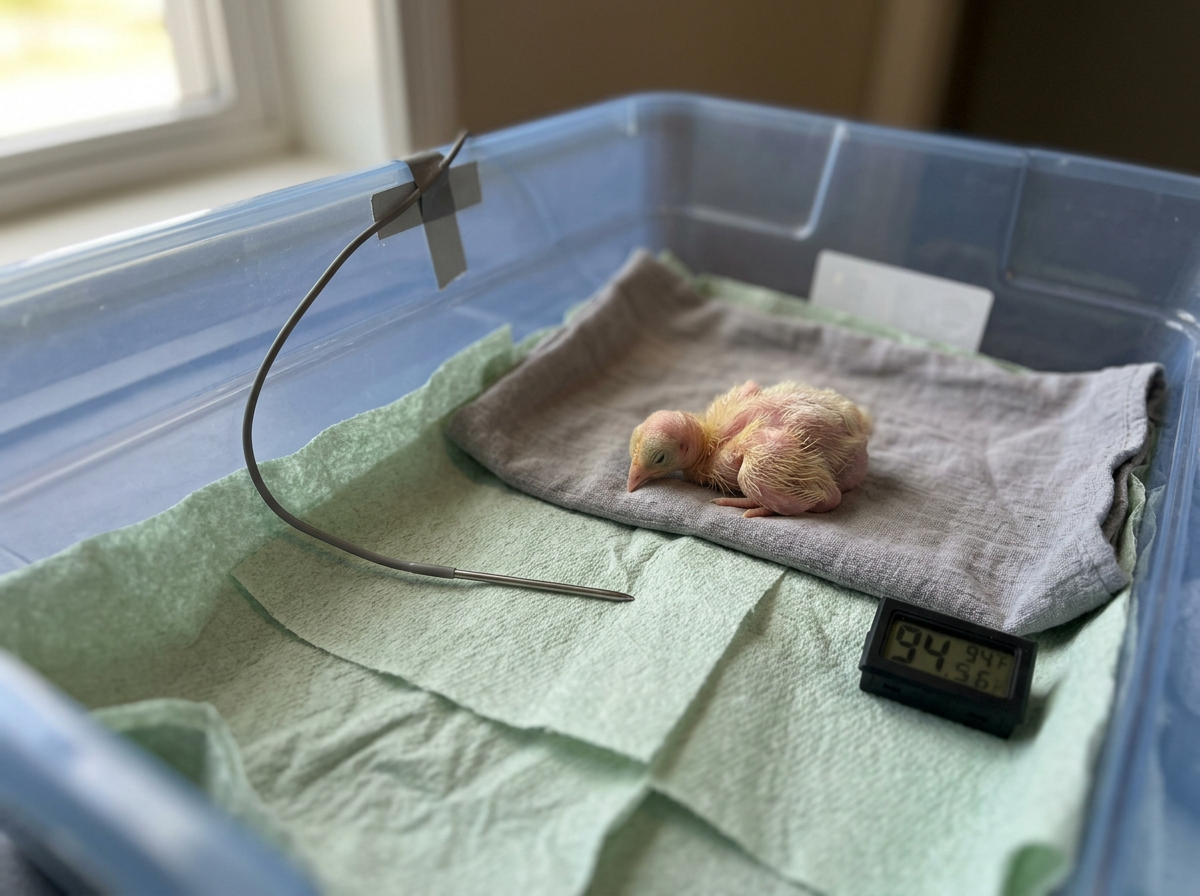 Thermometer and heat setup showing warm side for a featherless chick.