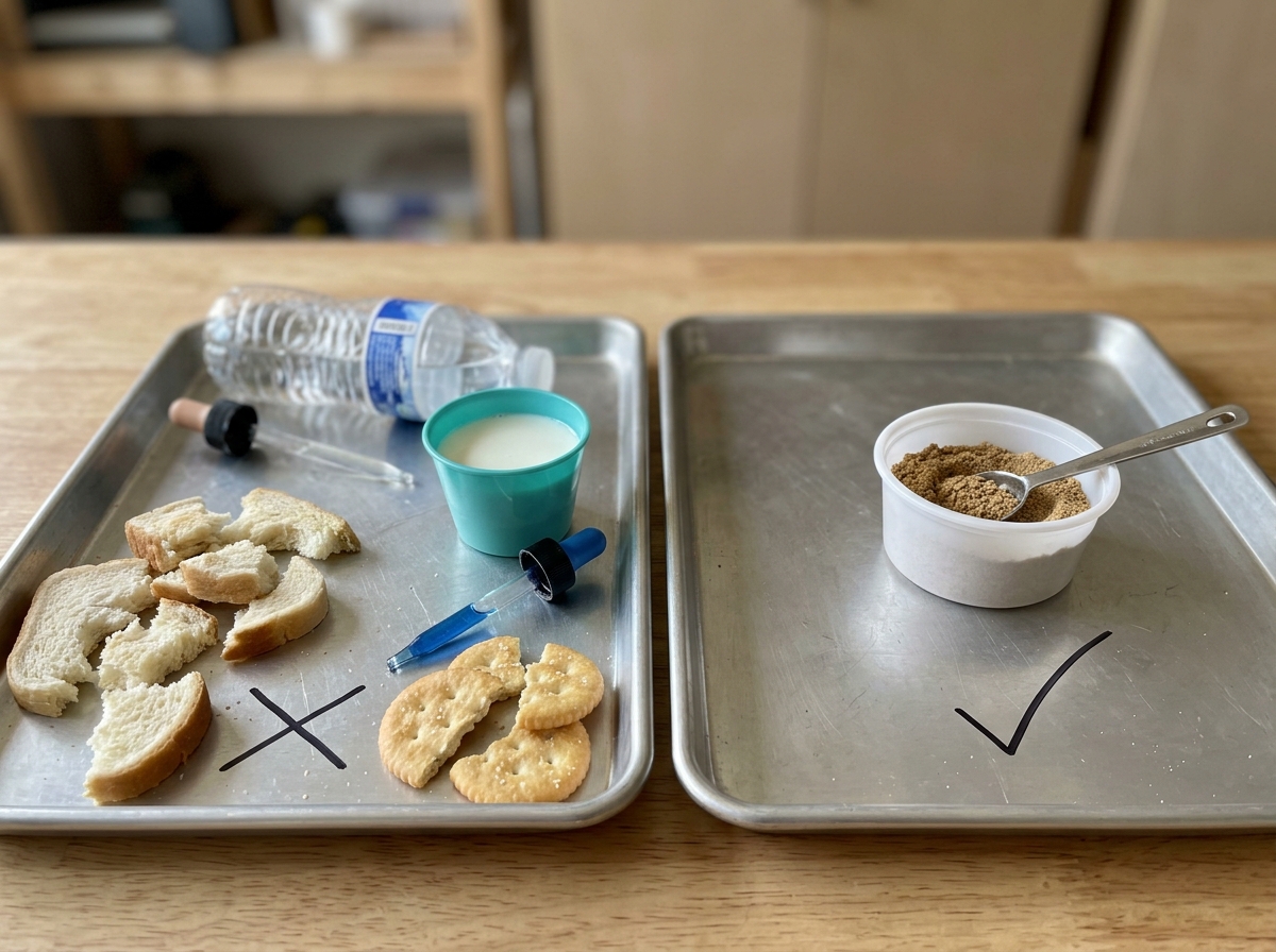 Bread, milk, sugary liquids, and crackers laid out beside correct chick food—unsafe items avoided.