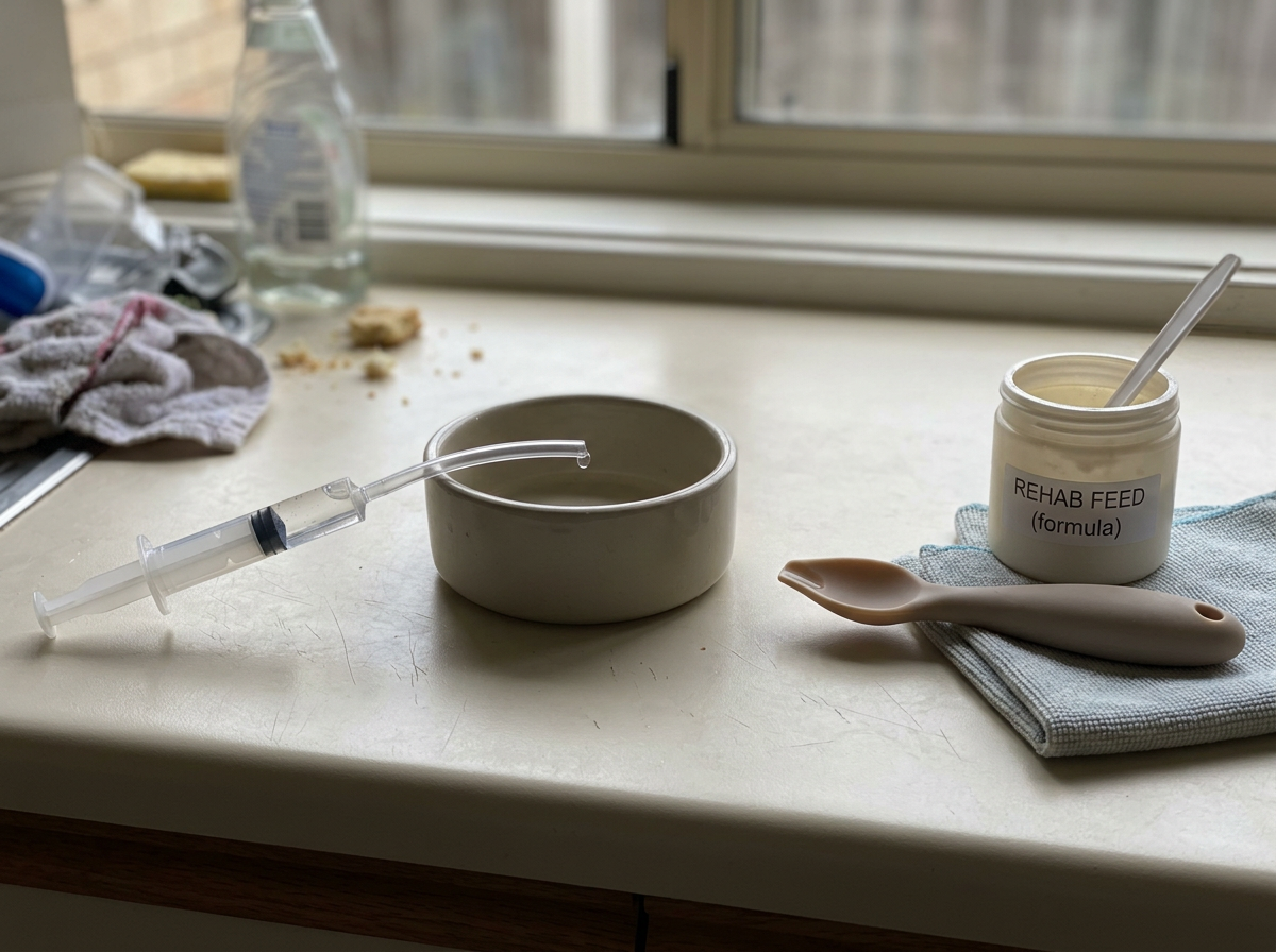 Water droplet setup and safe feeding tool side-by-side to show what not to do.