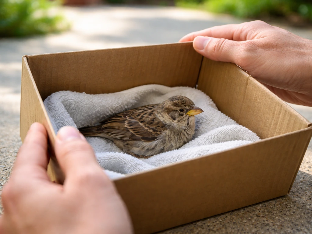 A small wild bird stabilized in a shaded ventilated cardboard box with gentle monitoring.
