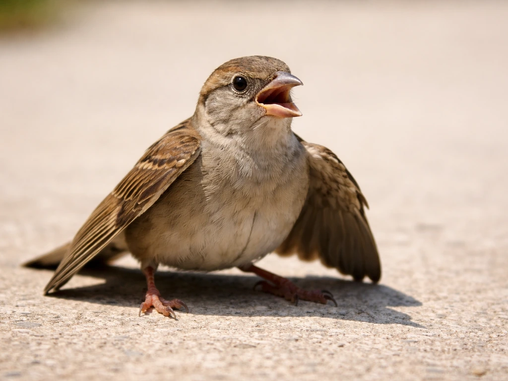 Close-up of a heat-stressed bird with open beak panting and wings held slightly away.