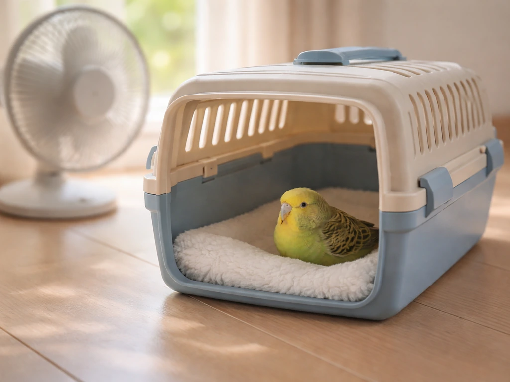 A small bird rests in a shaded ventilated box near a fan with gentle airflow for safe gradual cooling.