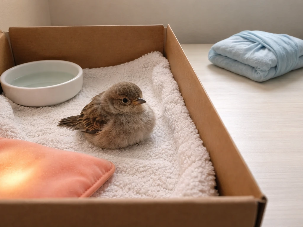Small bird in a towel-lined carrier with room-temperature water nearby and ice pack kept out of reach.