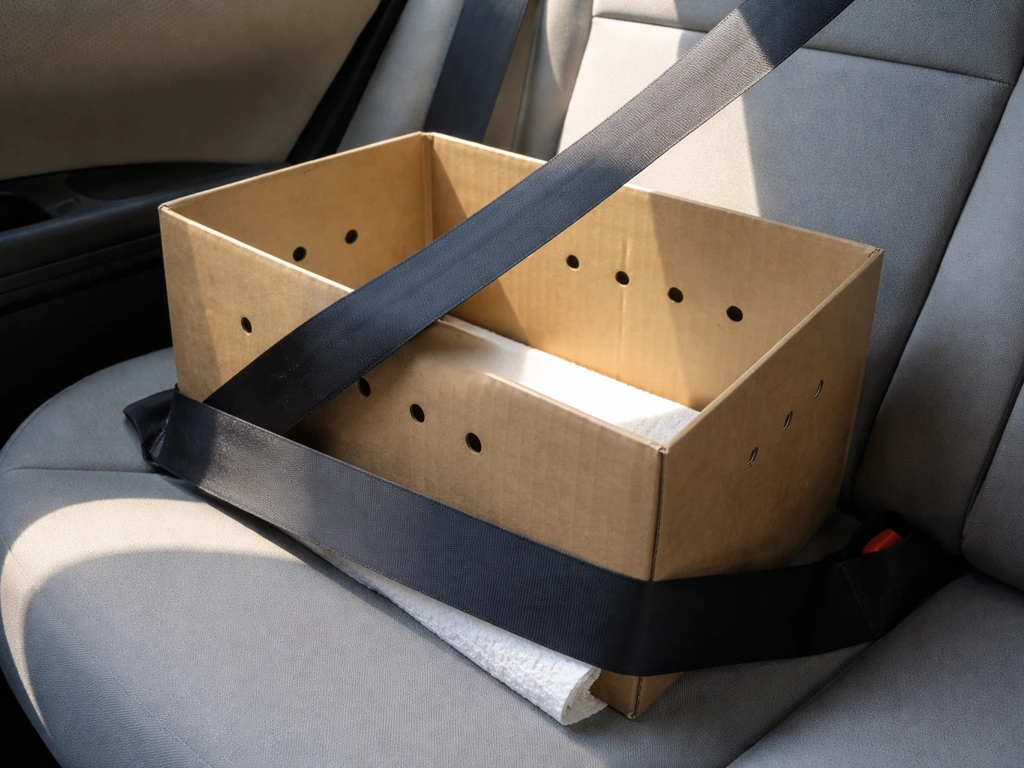 Side view of a cardboard box with air holes, lined with dry towel, secured in a car for transporting a heat-stressed bir