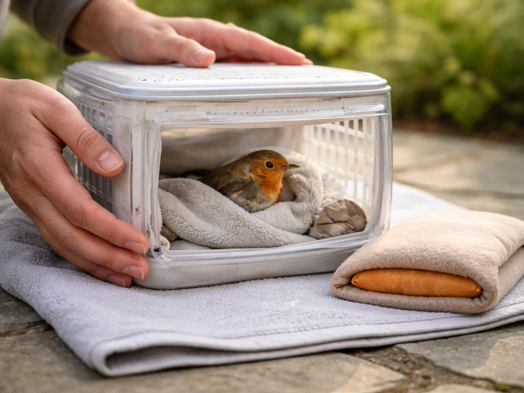 Hands gently stabilize a small injured bird in a warm, ventilated container on a safe outdoor surface.
