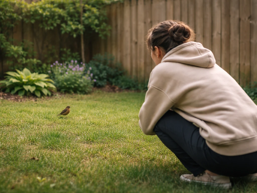 Person crouched in a quiet garden yard watching a small bird from about 10–15 feet away.