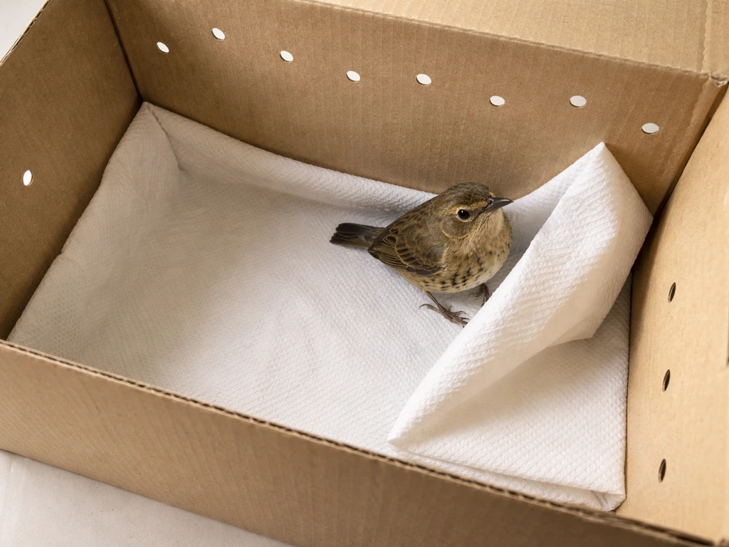 Top-down view of a lined shoebox with air holes, holding a small bird propped upright with a paper towel.