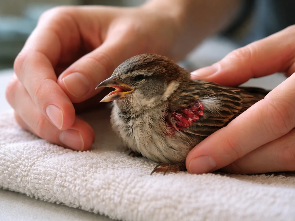 Rescuer holding a small injured bird, quick triage visible signs like bleeding and labored posture