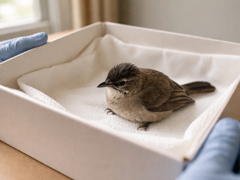 A small bulbul perched in a handler-prepared assessment box, showing alert but stressed posture.