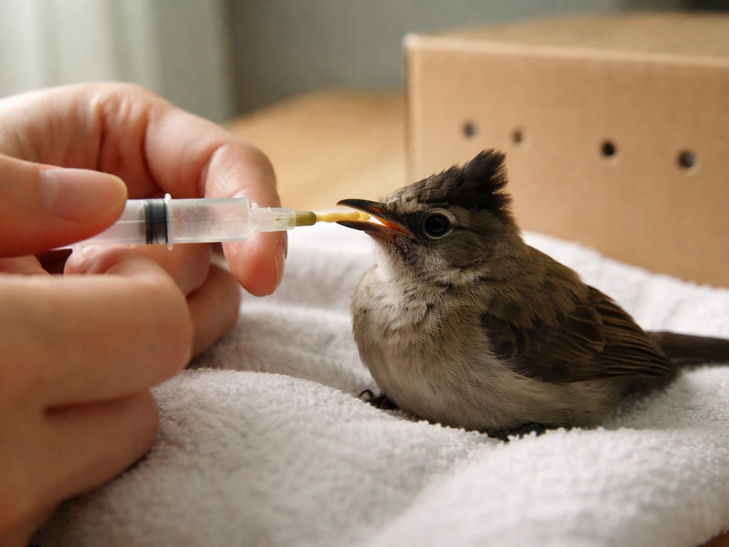 Caregiver gently supports a small bulbul while offering tiny food with a soft-tip syringe beside its beak.