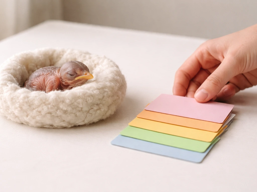 Hand arranging simple life-stage cards beside a small nestling in a quiet, clean rehab setup