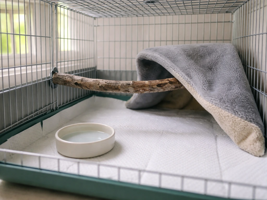 Small pet carrier with lined paper bedding, water dish, and a warm safe corner for a recovering bird