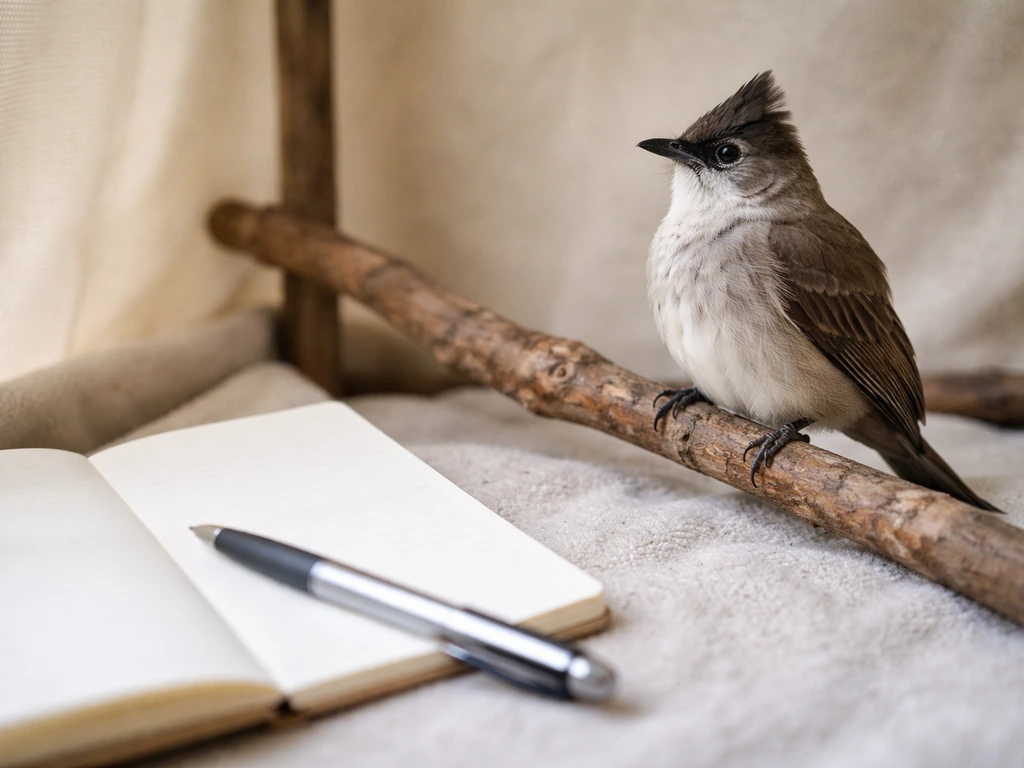 Calm rescued bulbul inside a simple enclosure, with a nearby observation notebook for monitoring recovery.